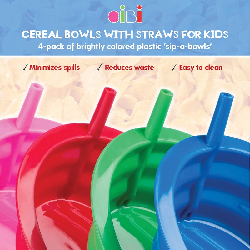 Cibi Cereal Bowls with Straws for Kids BPA-Free Plastic | Toddler Sip-A-Bowls with Built-In Straw for Cereal and Soup | Set of 4 Colorful Breakfast Bowls - Image 2